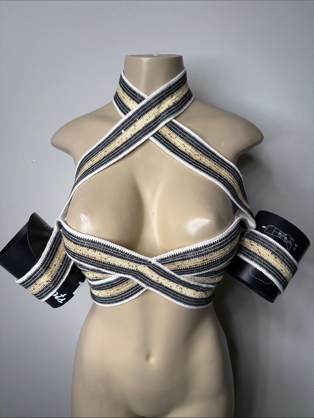 L'ATISTE Cream, Black & Gray Striped Wrap Crop Top